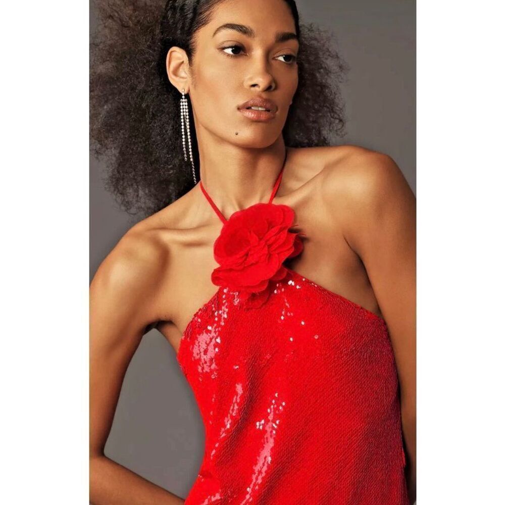 LE SUPERBE KAIA BOTANICA SEQUIN MIDI HALTER DRESS in CARMINE RED NWT Size 10